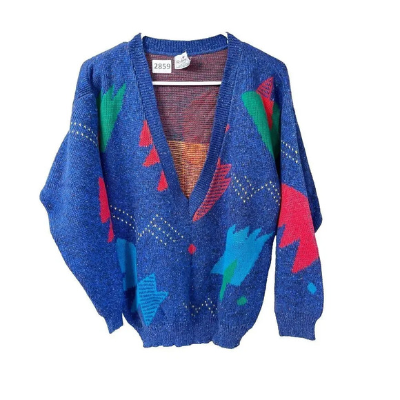 Vtg 80s Alberoy Womens Blue Pullover Sweater Knitted M Geometric Deep V Neck - Picture 1 of 7